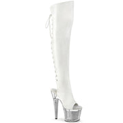 Pleaser SPECTATOR-3019 Platform Knee High Boot (White Faux Leather/Clear-Silver Chrome)