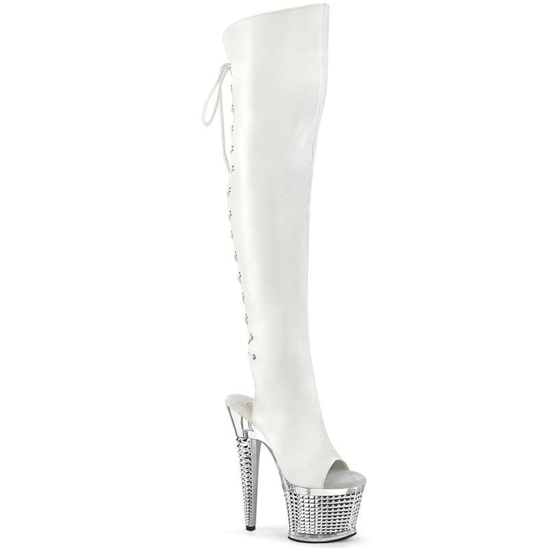 Pleaser SPECTATOR-3019 Platform Knee High Boot (White Faux Leather/Clear-Silver Chrome)