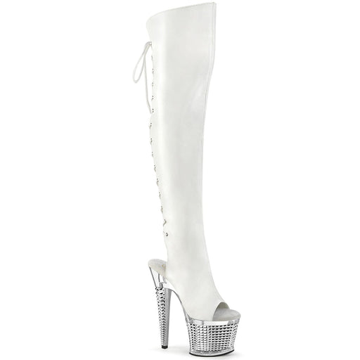 Pleaser SPECTATOR-3019 Platform Knee High Boot (White Faux Leather/Clear-Silver Chrome)