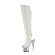 Pleaser SPECTATOR-3019 Platform Knee High Boot (White Faux Leather/Clear-Silver Chrome)