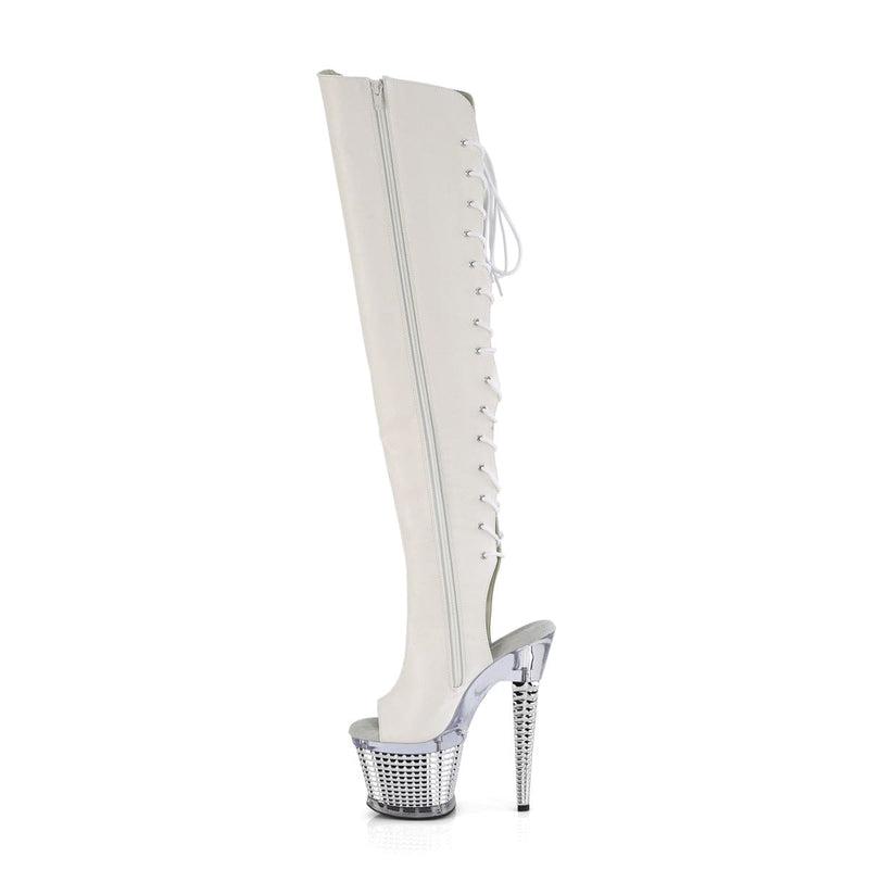 Pleaser SPECTATOR-3019 Platform Knee High Boot (White Faux Leather/Clear-Silver Chrome)