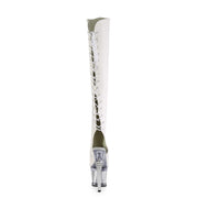 Pleaser SPECTATOR-3019 Platform Knee High Boot (White Faux Leather/Clear-Silver Chrome)