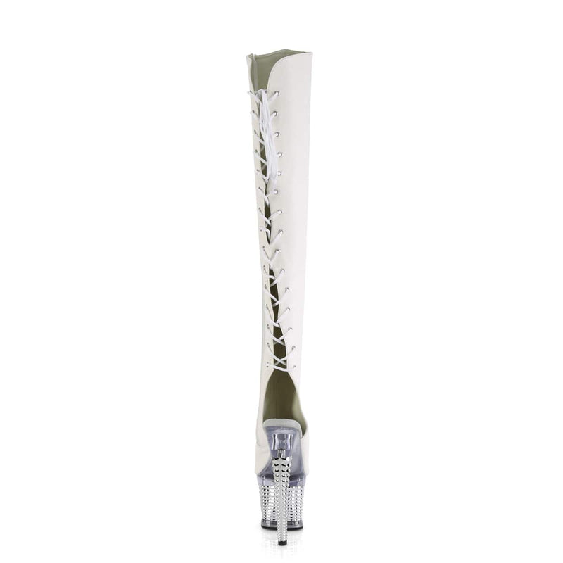 Pleaser SPECTATOR-3019 Platform Knee High Boot (White Faux Leather/Clear-Silver Chrome)