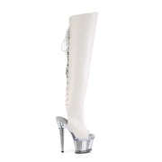 Pleaser SPECTATOR-3019 Platform Knee High Boot (White Faux Leather/Clear-Silver Chrome)
