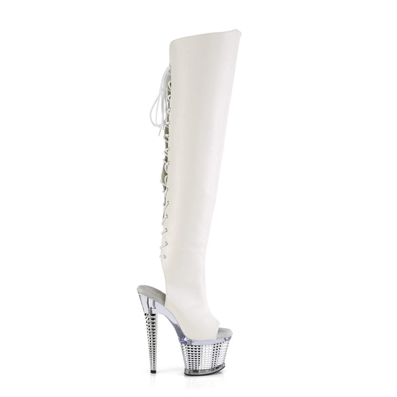 Pleaser SPECTATOR-3019 Platform Knee High Boot (White Faux Leather/Clear-Silver Chrome)