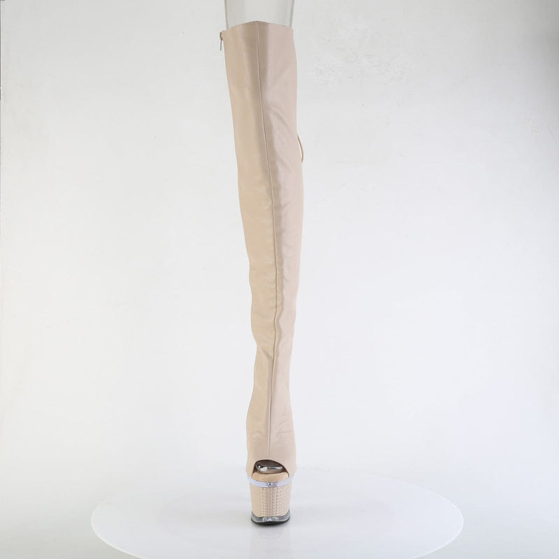 Pleaser SPECTATOR-3030 Platform Thigh High Boot (Nude Faux Leather/Clear-Nude Matte)