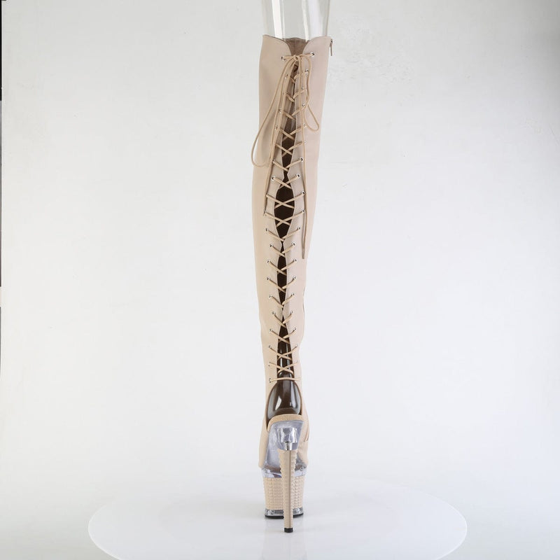 Pleaser SPECTATOR-3030 Platform Thigh High Boot (Nude Faux Leather/Clear-Nude Matte)