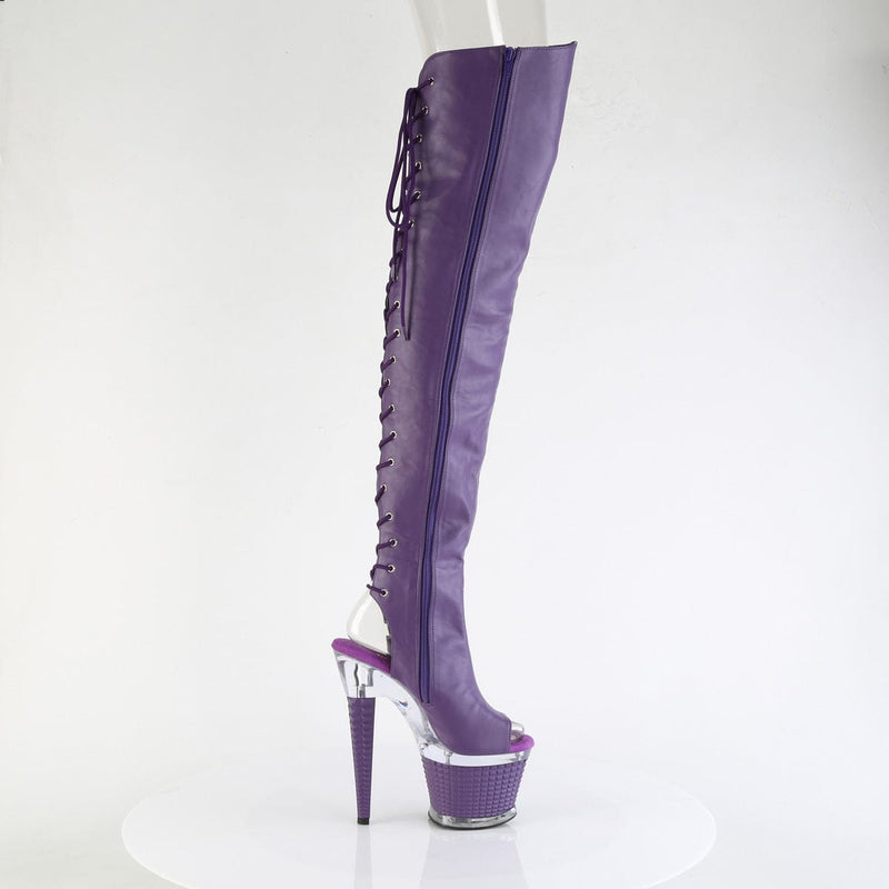 Pleaser SPECTATOR-3030 Platform Thigh High Boot (Purple Faux Leather/Clear-Purple Matt)