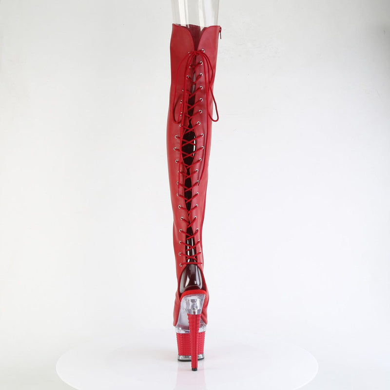 Pleaser SPECTATOR-3030 Platform Thigh High Boot (Red Faux Leather/Clear-Red Matte)