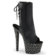 Pleaser STARDANCE-1018-7 Platform Ankle Boot (Black Faux Leather/Black-Silver Multi Rhinestone)