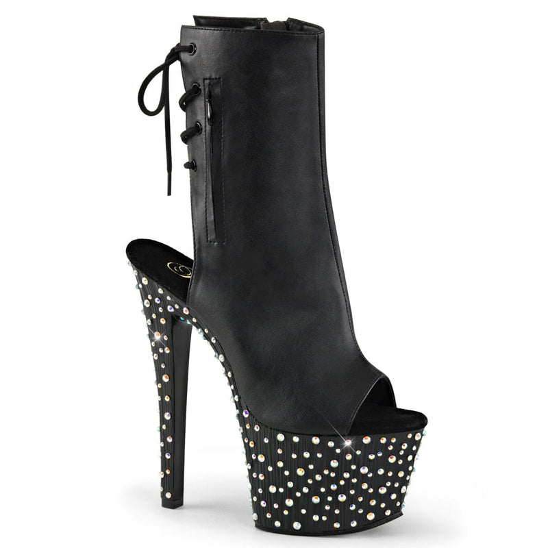 Pleaser STARDANCE-1018-7 Platform Ankle Boot (Black Faux Leather/Black-Silver Multi Rhinestone)