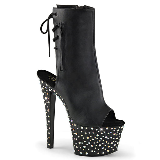Pleaser STARDANCE-1018-7 Platform Ankle Boot (Black Faux Leather/Black-Silver Multi Rhinestone)