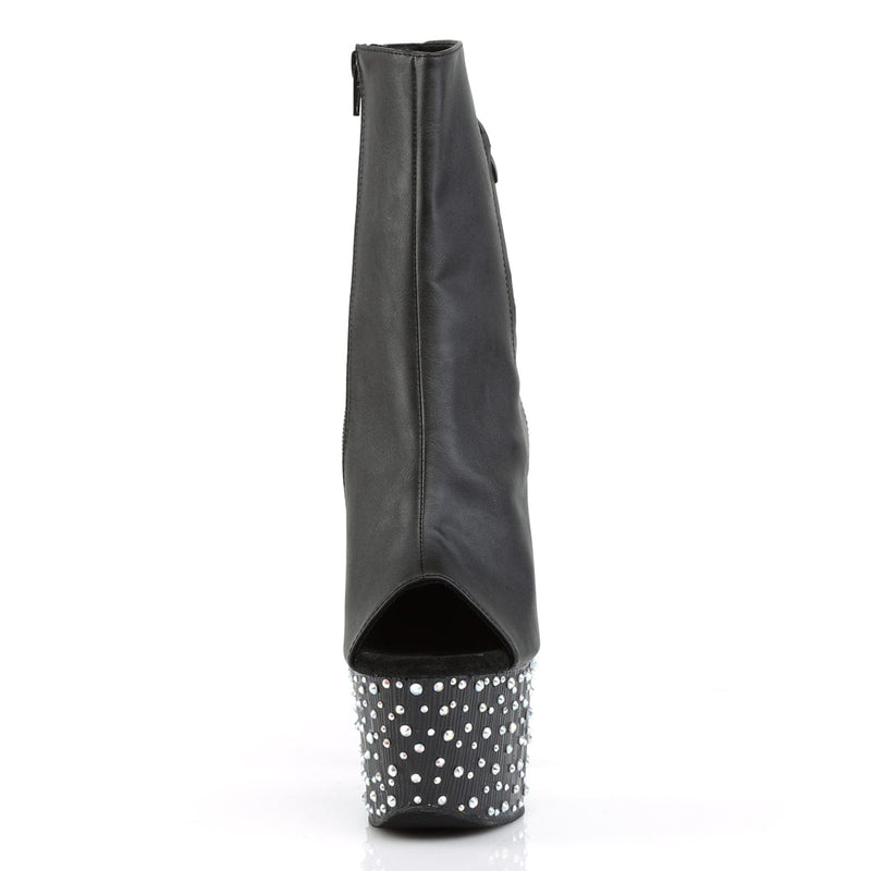 Pleaser STARDANCE-1018-7 Platform Ankle Boot (Black Faux Leather/Black-Silver Multi Rhinestone)