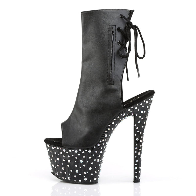 Pleaser STARDANCE-1018-7 Platform Ankle Boot (Black Faux Leather/Black-Silver Multi Rhinestone)