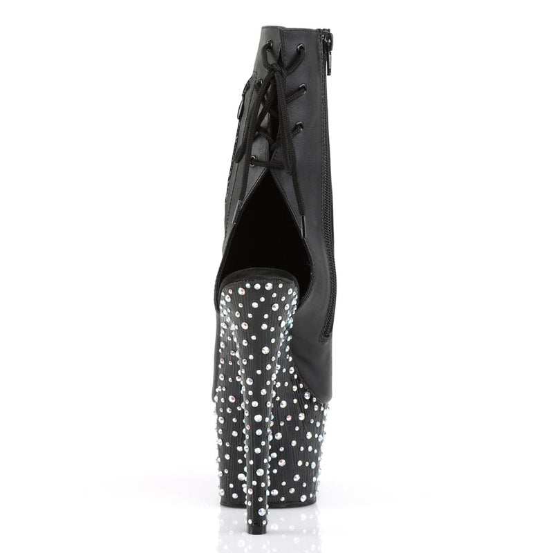 Pleaser STARDANCE-1018-7 Platform Ankle Boot (Black Faux Leather/Black-Silver Multi Rhinestone)