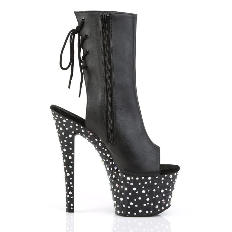 Pleaser STARDANCE-1018-7 Platform Ankle Boot (Black Faux Leather/Black-Silver Multi Rhinestone)