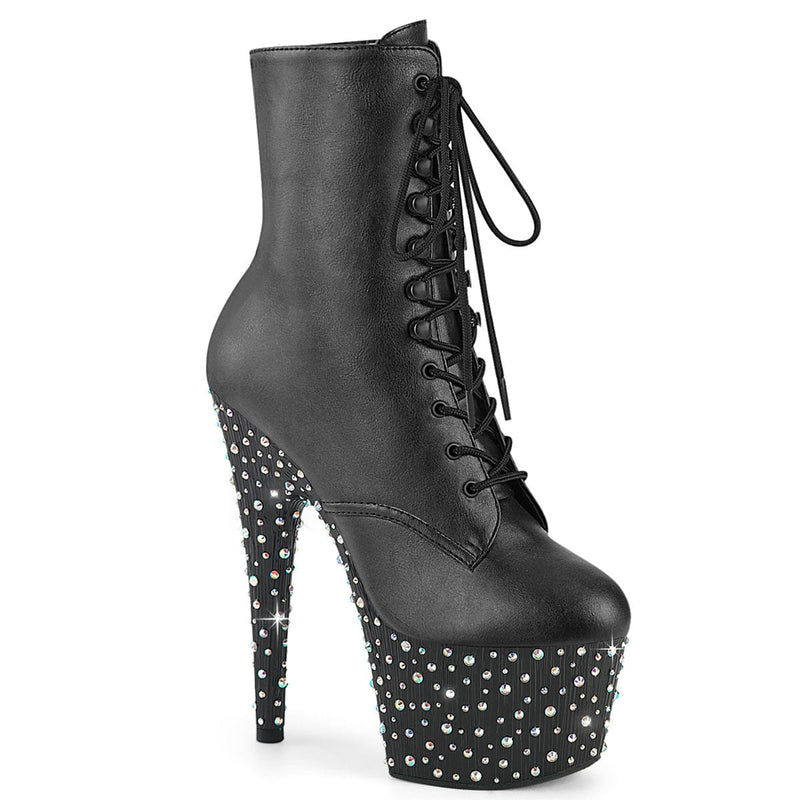 Pleaser STARDANCE-1020 Platform Ankle Boot (Black Faux Leather/Black-Silver Multi Rhinestone)