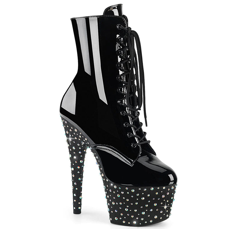 Pleaser STARDANCE-1020 Platform Ankle Boot (Black Patent/Black-Silver Multi Rhinestone)