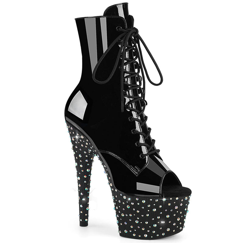 Pleaser STARDANCE-1021 Platform Ankle Boot (Black Patent/Black-Silver Multi Rhinestone)