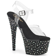 Pleaser STARDANCE-708 Platform Sandal (Clear/Black-Silver Multi Rhinestone)