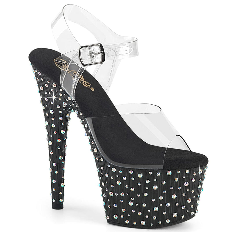 Pleaser STARDANCE-708 Platform Sandal (Clear/Black-Silver Multi Rhinestone)