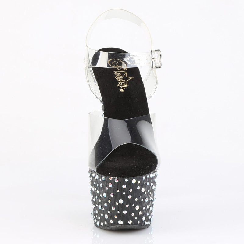 Pleaser STARDANCE-708 Platform Sandal (Clear/Black-Silver Multi Rhinestone)