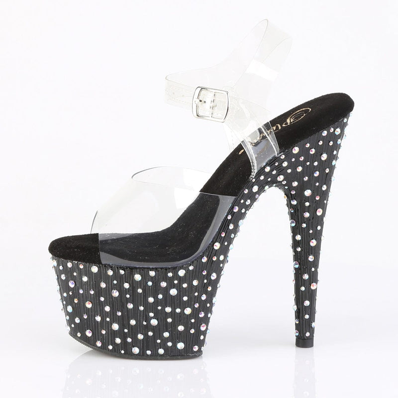 Pleaser STARDANCE-708 Platform Sandal (Clear/Black-Silver Multi Rhinestone)