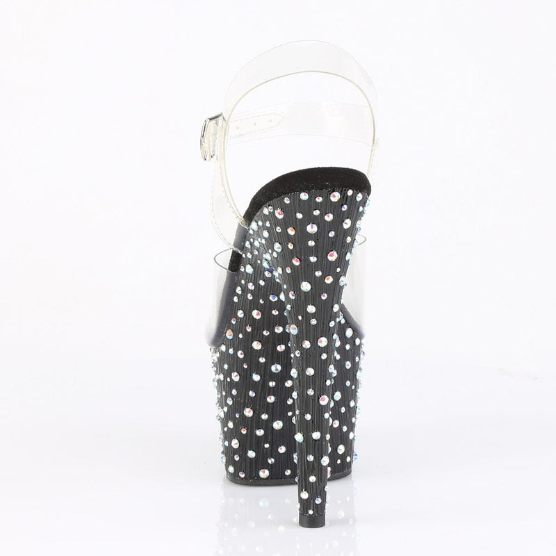 Pleaser STARDANCE-708 Platform Sandal (Clear/Black-Silver Multi Rhinestone)