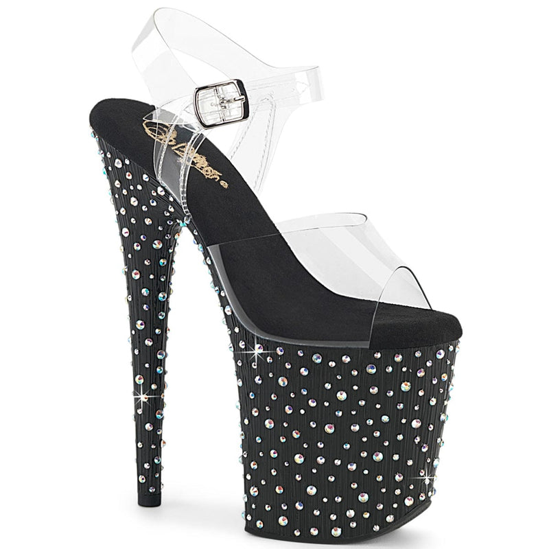 Pleaser STARDANCE-808 Platform Sandal (Clear/Black-Silver Multi Rhinestone)
