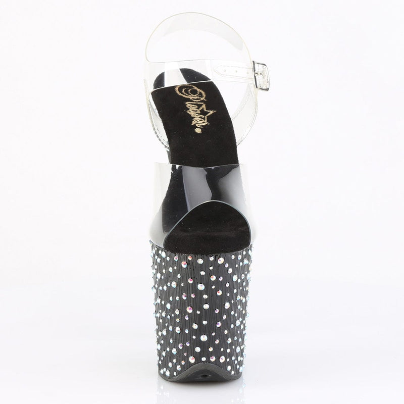 Pleaser STARDANCE-808 Platform Sandal (Clear/Black-Silver Multi Rhinestone)