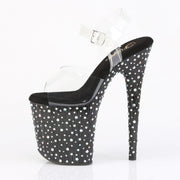 Pleaser STARDANCE-808 Platform Sandal (Clear/Black-Silver Multi Rhinestone)