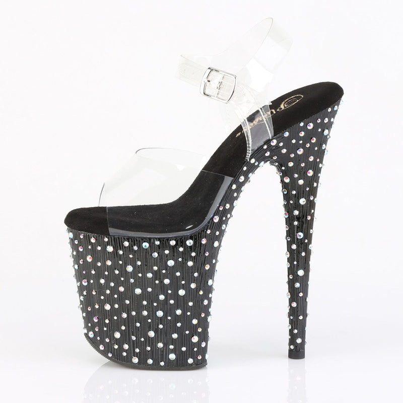 Pleaser STARDANCE-808 Platform Sandal (Clear/Black-Silver Multi Rhinestone)