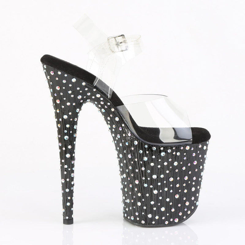 Pleaser STARDANCE-808 Platform Sandal (Clear/Black-Silver Multi Rhinestone)