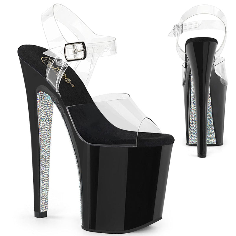 Pleaser XTREME-808CRS Platform Sandal (Clear/Black-Silver Rhinestone)
