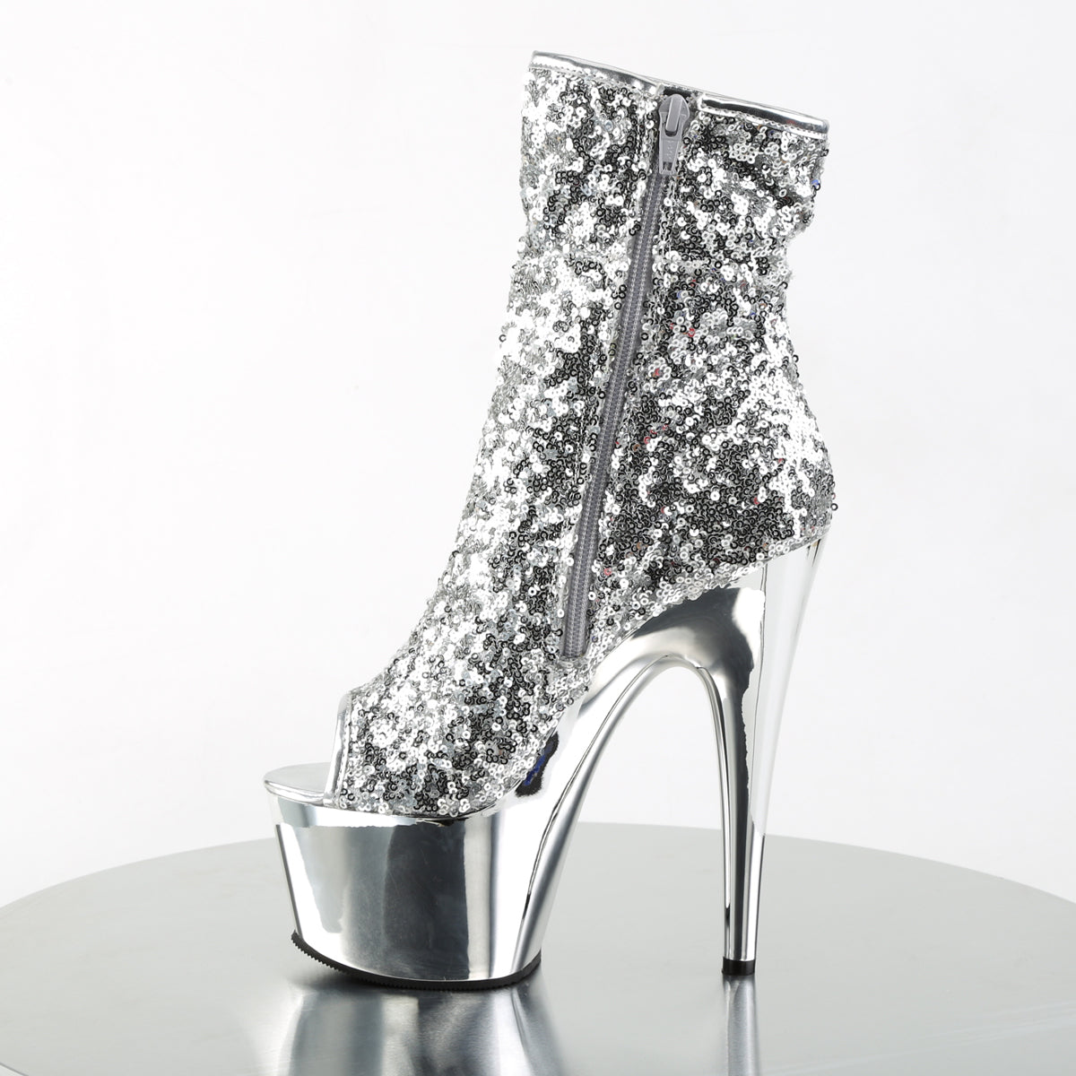 ADORE-1008SQ Silver Sequins/Silver Chrome Ankle Boot Pleaser