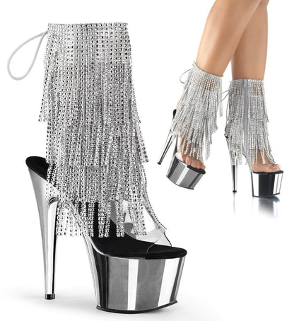 ADORE-1017RhinestoneF Clear-Silver/Silver Chrome Ankle Boot Pleaser