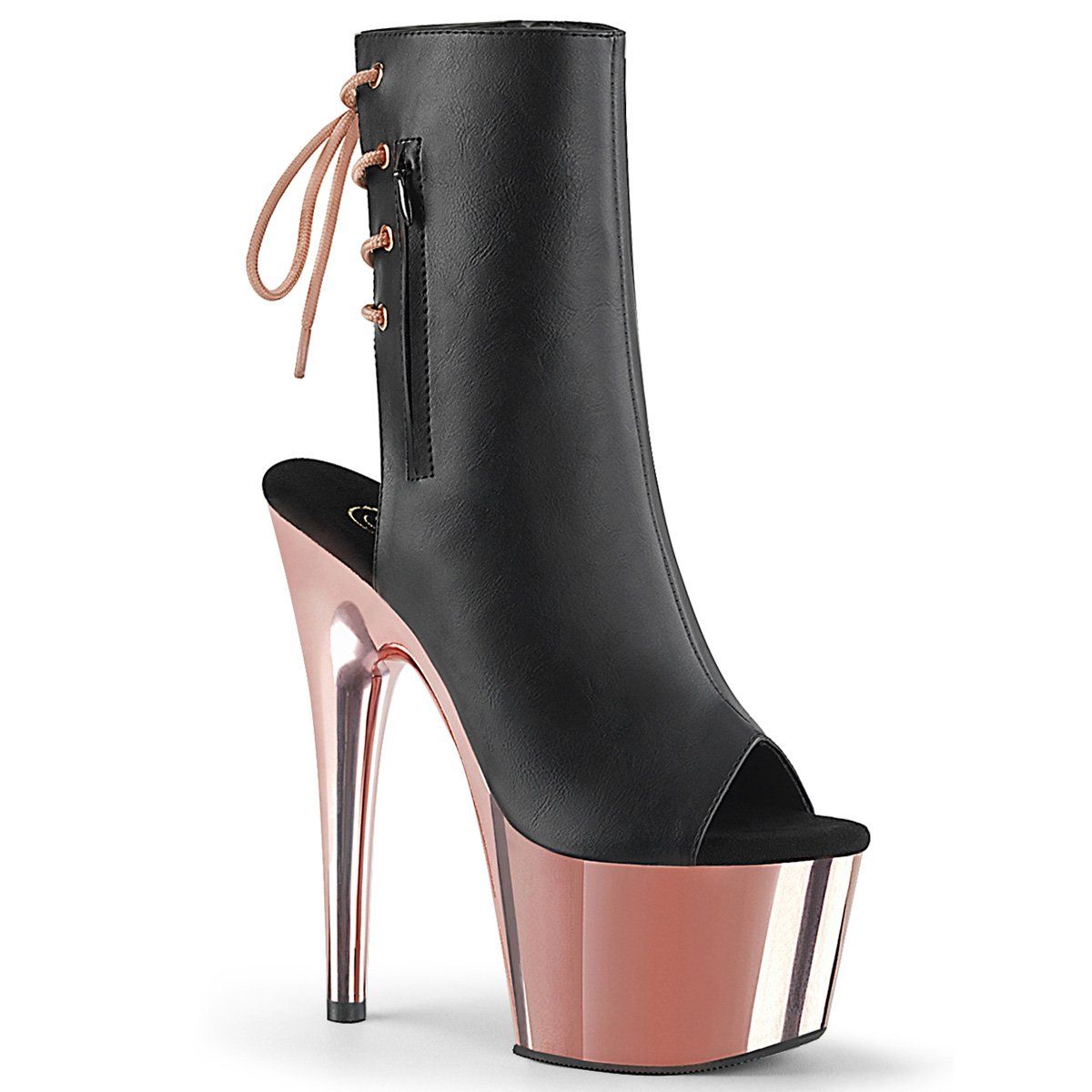 ADORE-1018 Black Faux Leather/Rose Gold Chrome Ankle Boot Pleaser