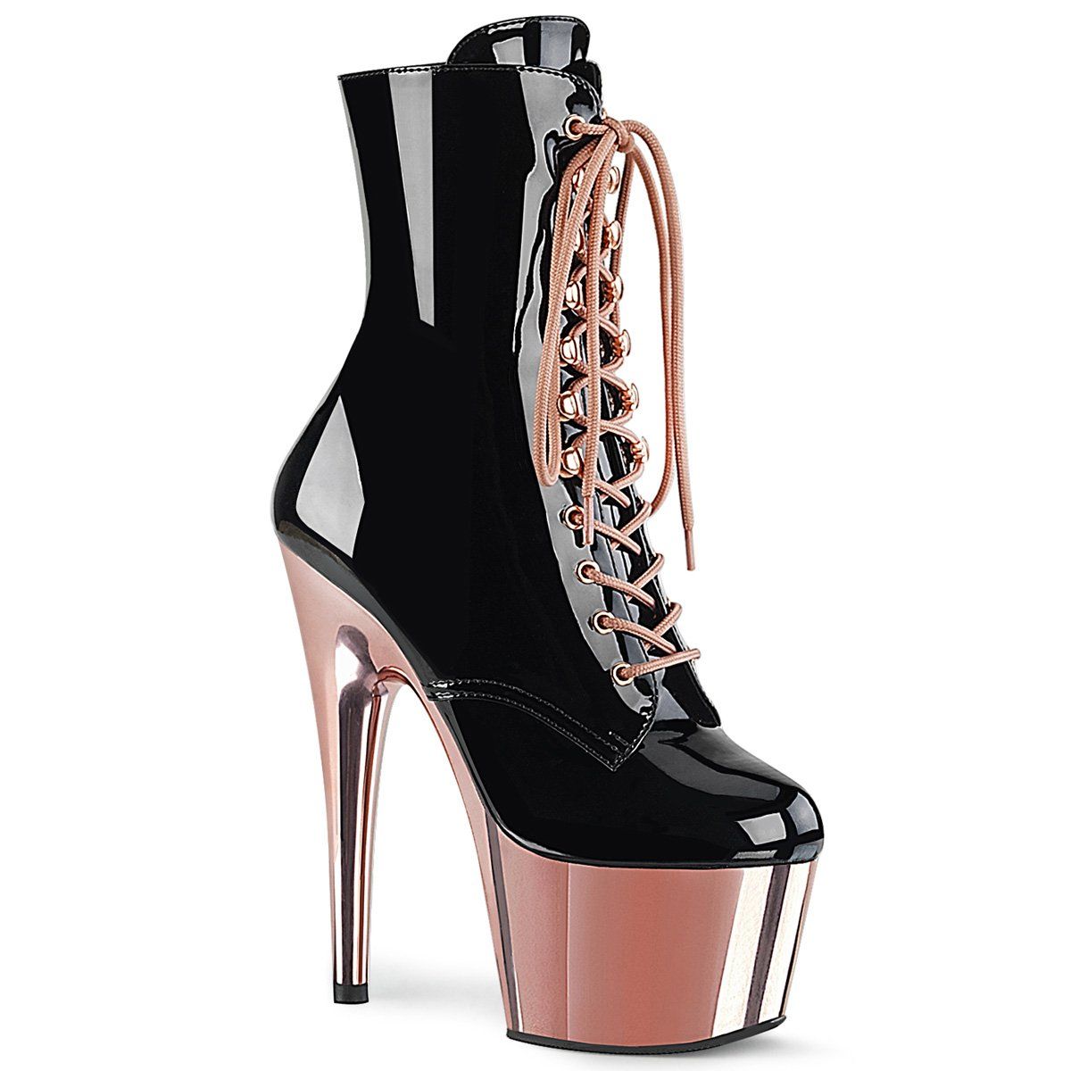 ADORE-1020 Black Patent/Rose Gold Chrome Ankle Boot Pleaser