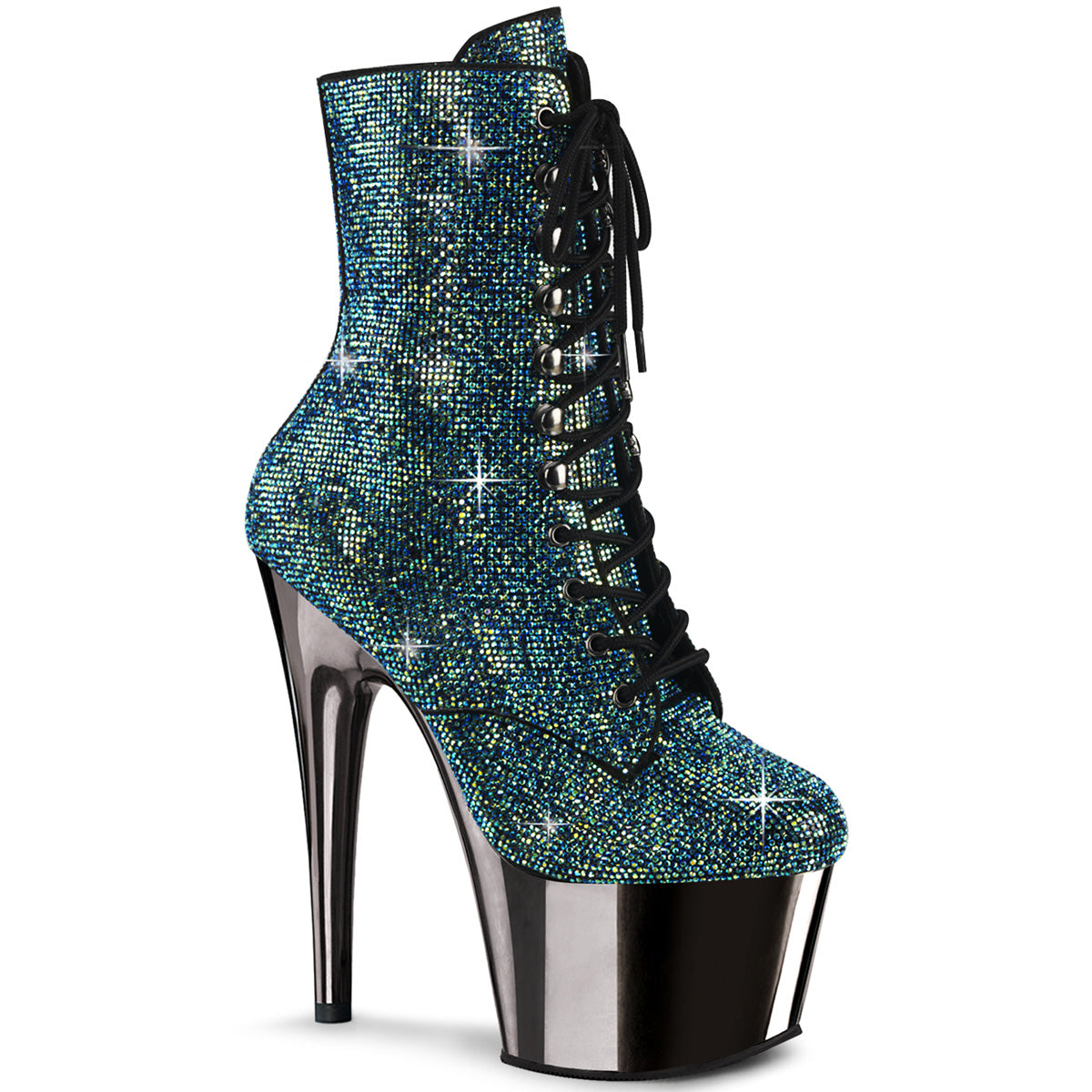 ADORE-1020CHRS Turquoise Multi Rhinestone/Pewter Chrome Ankle Boot Pleaser