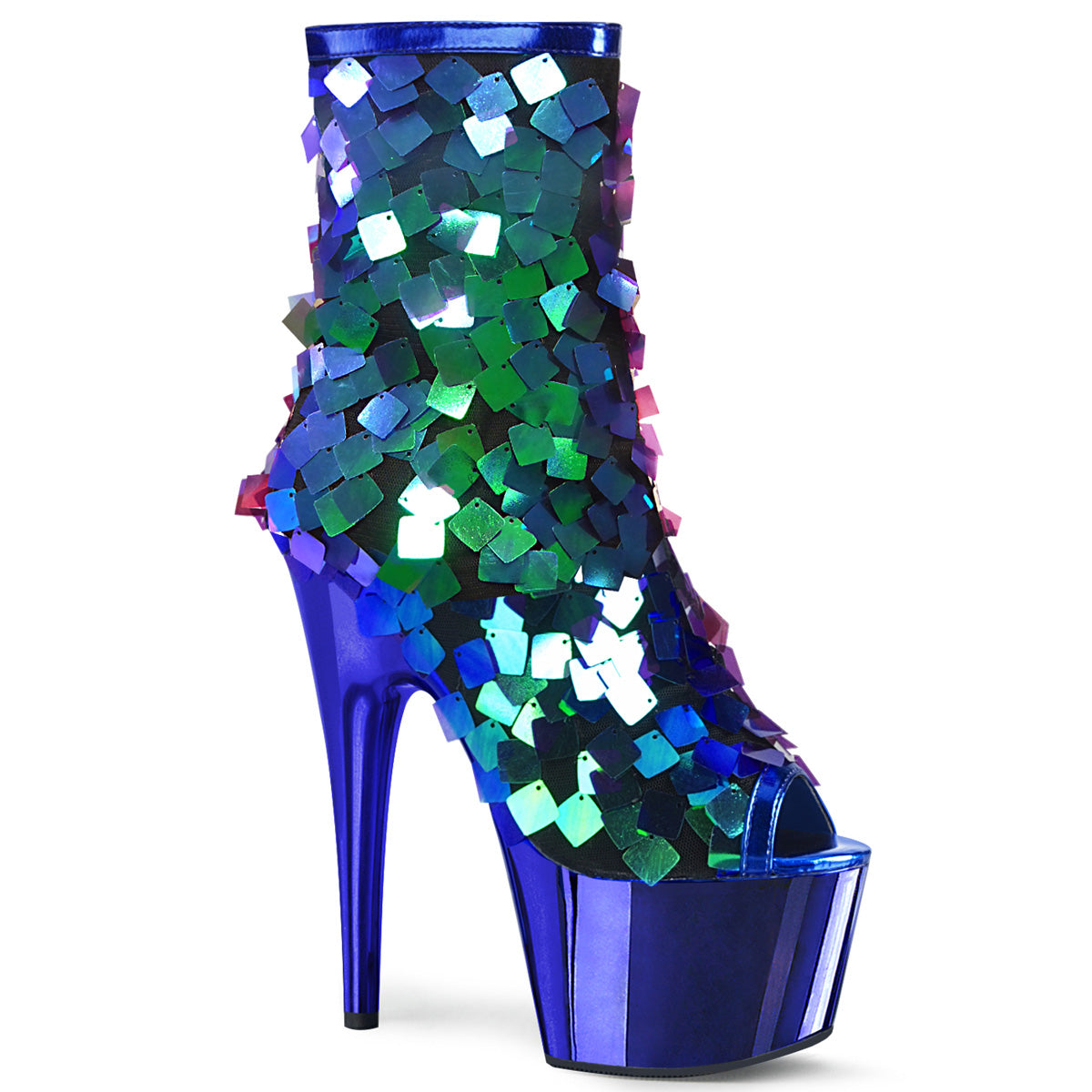 ADORE-1031SSQ Iridescent Green Sequins-Royal Blue MetPu/Royal BlueChrome Ankle Boot Pleaser
