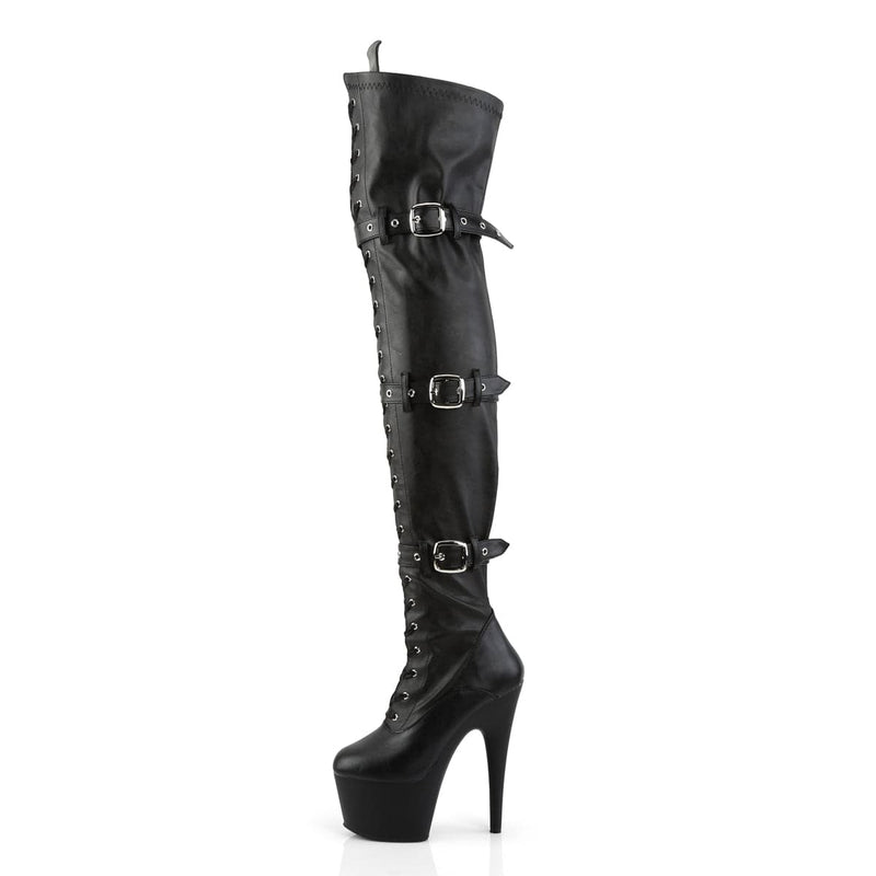 ADORE-3028 Black Stretch Faux Leather/Black Matte Thigh Boot Pleaser US Size (Women's): 5