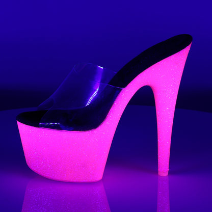 ADORE-701UVG Clear/Neon Hot Pink Glitter Slide Pleaser