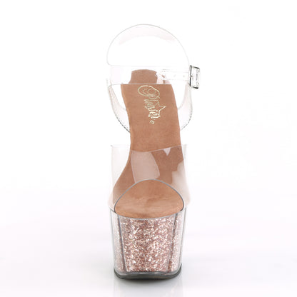 ADORE-708G Clear/Rose Gold Glitter Platform Sandal Pleaser