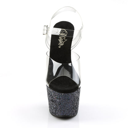 ADORE-708LG Clear/Black Holo Glitter Platform Sandal Pleaser
