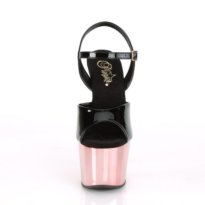 ADORE-709 Black Patent/Rose Gold Chrome Platform Sandal Pleaser