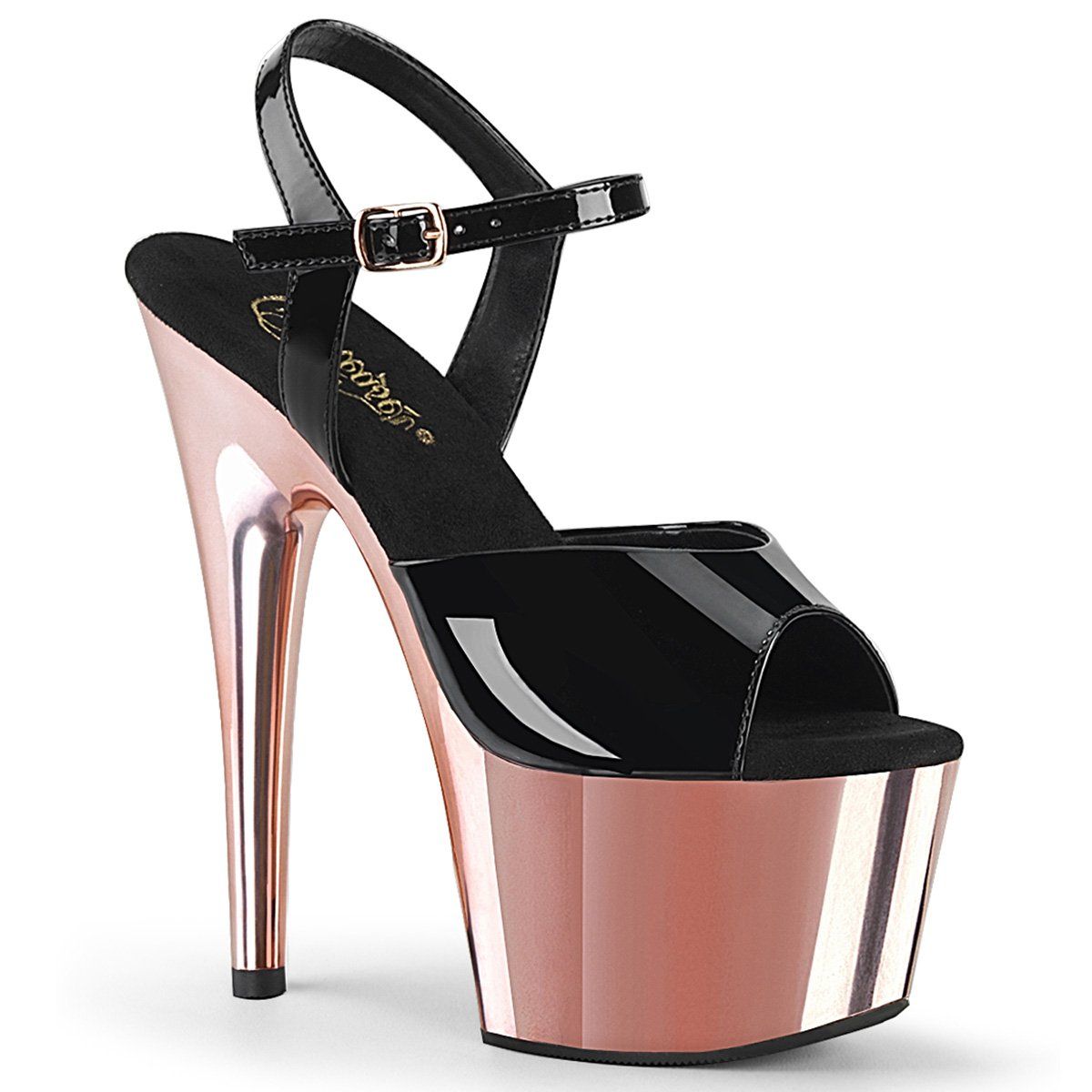 ADORE-709 Black Patent/Rose Gold Chrome Platform Sandal Pleaser