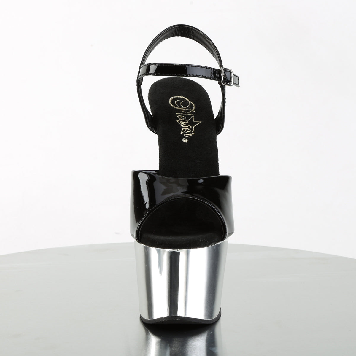 ADORE-709 Black Patent/Silver Chrome Platform Sandal Pleaser