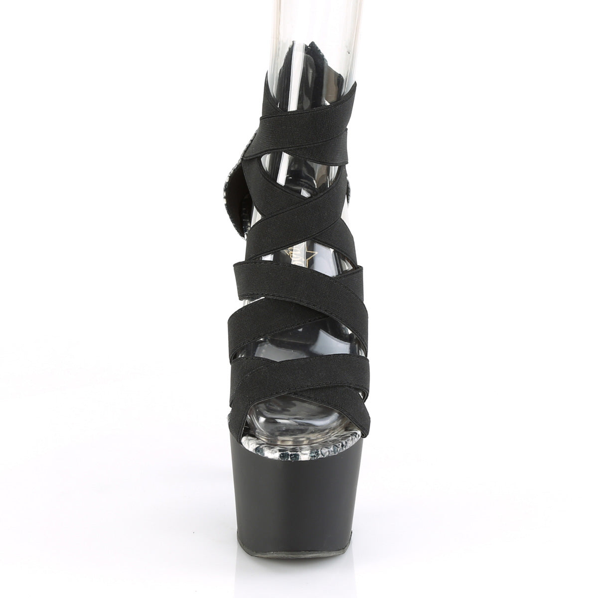 ADORE-748SP Black Elastic Band-Snake Print Patent Platform Sandal Pleaser