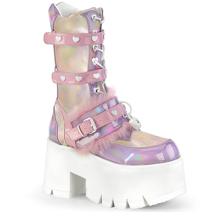 ASHES-120 Baby Pink-Lavender Holographic Patent Mid-Calf Boot Demonia