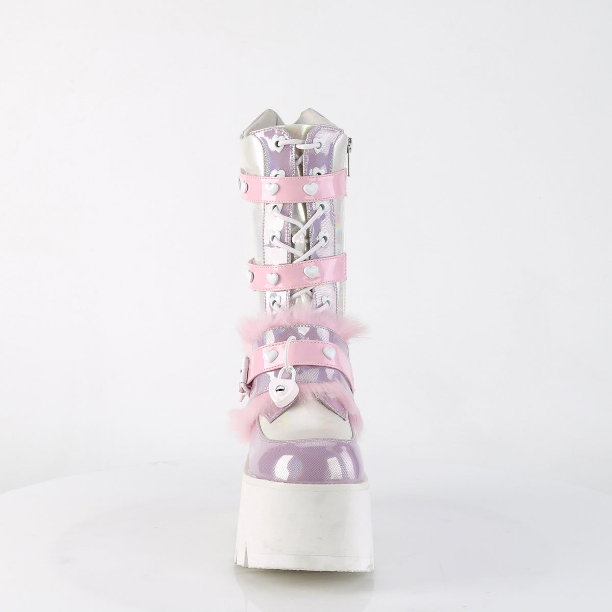 ASHES-120 Baby Pink-Lavender Holographic Patent Mid-Calf Boot Demonia
